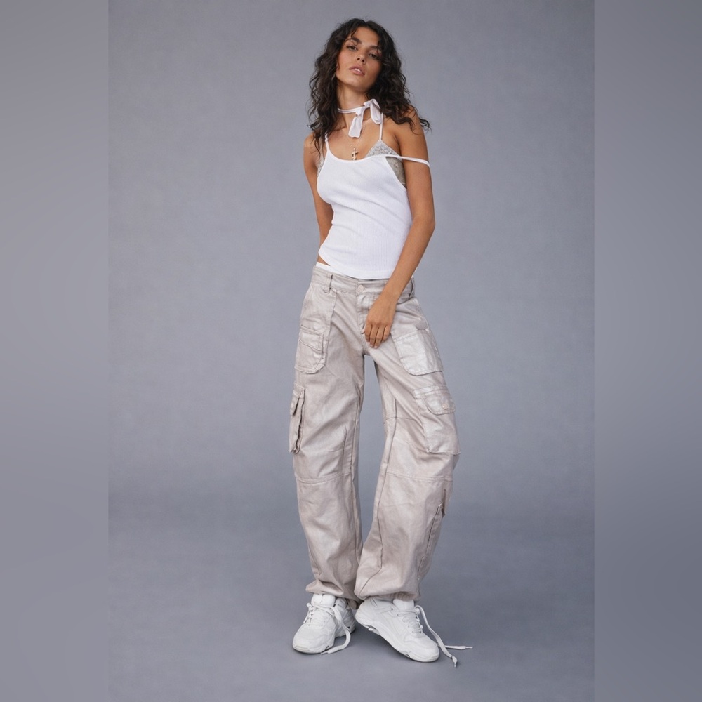 Free People We The Free Barrel Cargo Pants Wide Leg Y2K Taupe Metallic Size 28